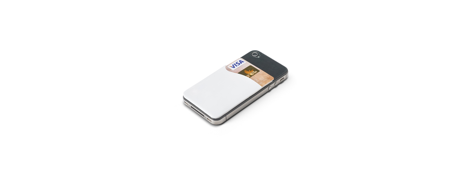 Porta cartão para celular em PVC branco. Conta com espaço para 1 cartão de crédito e auto colante no verso.