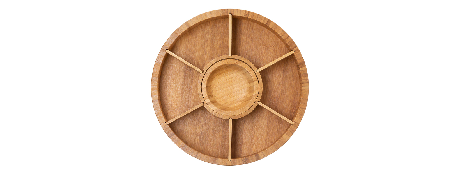 Petisqueira giratória em Bambu. Conta com seis divisórias, com placas removíveis, e um bowl para molhos e patês.