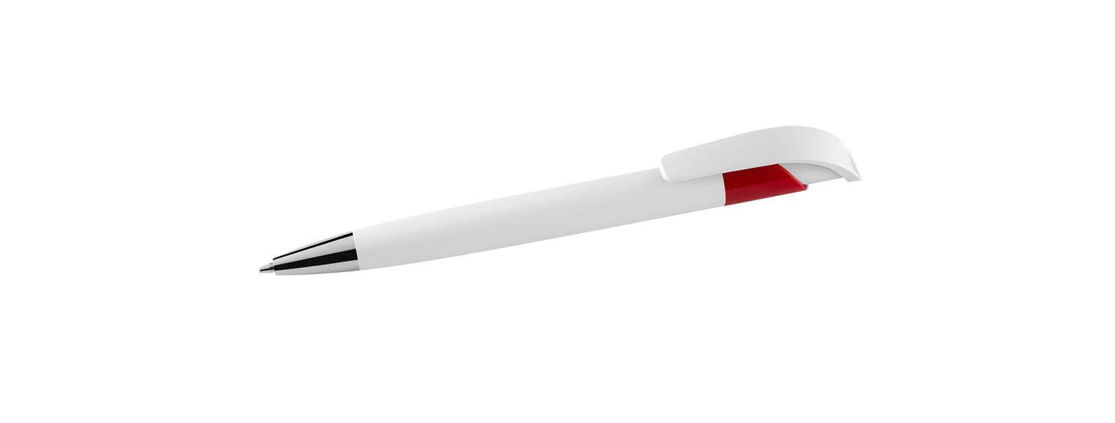 Caneta esferográfica em Plástico branca / vermelha. Conta com carga esferográfica azul acionada com um click na extremidade da caneta.