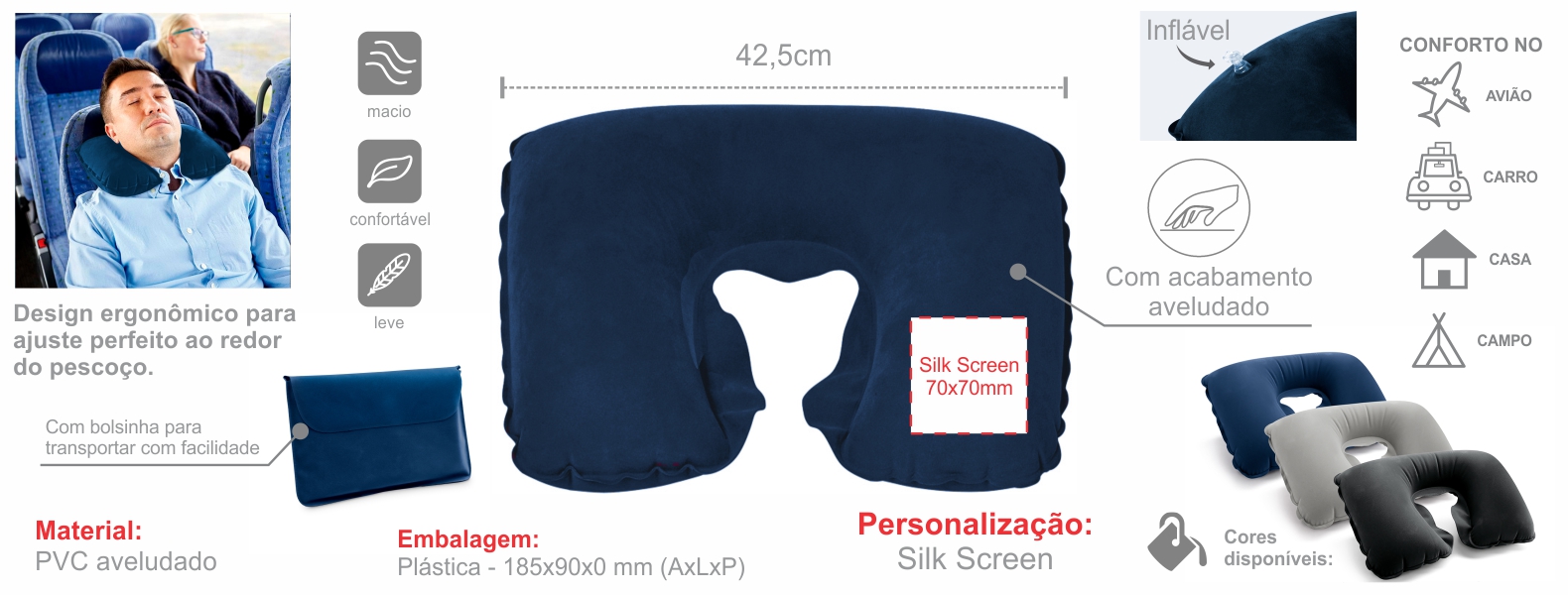 Almofada de pescoço inflável em PVC azul. Conta com acabamento aveludado e bolsa.