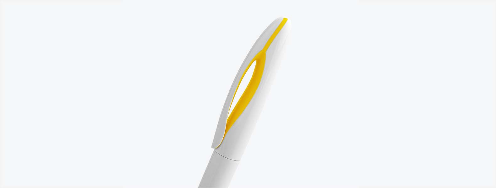 Caneta esferográfica em Plástico branca/amarela. Conta com carga esferográfica azul acionada com um giro na extremidade da caneta.