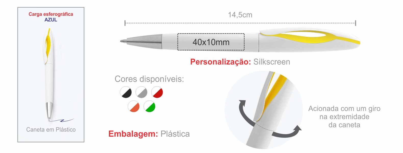 Caneta esferográfica em Plástico branca/amarela. Conta com carga esferográfica azul acionada com um giro na extremidade da caneta.