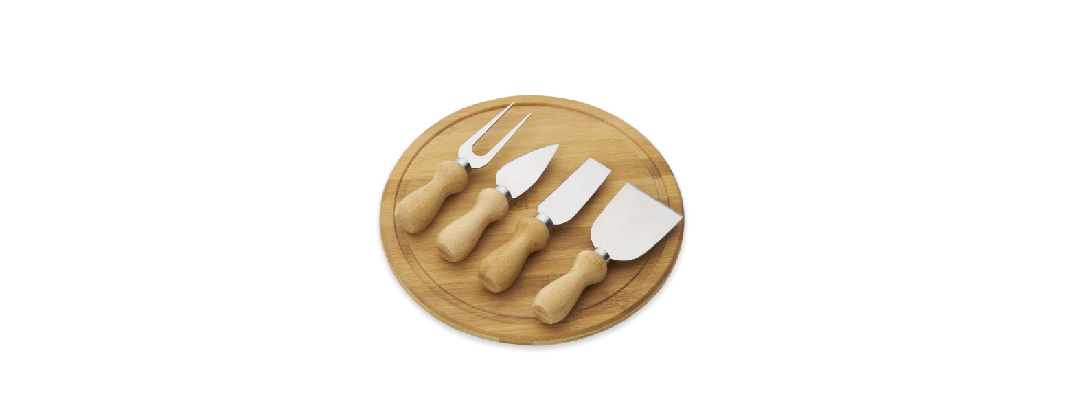 Kit para queijo. Conta com tábua redonda em bambu; três facas e garfo para queijos. Tábua confeccionada com tripla camada invertida, para dar maior durabilidade e não deformar com o passar do tempo.