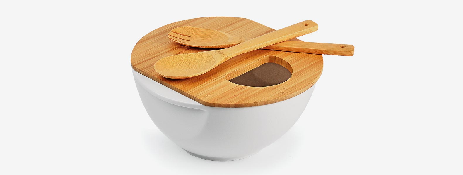Conjunto para Servir em Porcelana/Bambu. Acompanha tigela em Porcelana com tampa e utensílios em Bambu. Capacidade: 3L