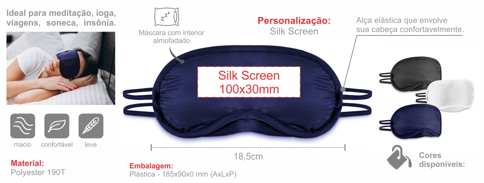 Máscara para dormir em Polyester 190T azul. Conta com interior almofadado e duas alças.